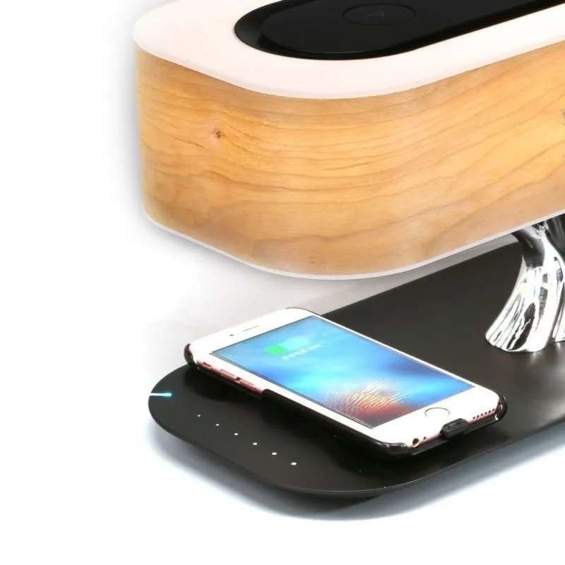 Creative Tree Light Table Lamp with Bluetooth speaker, wireless charger, natural cherry veneer lampshade, tree-shaped support