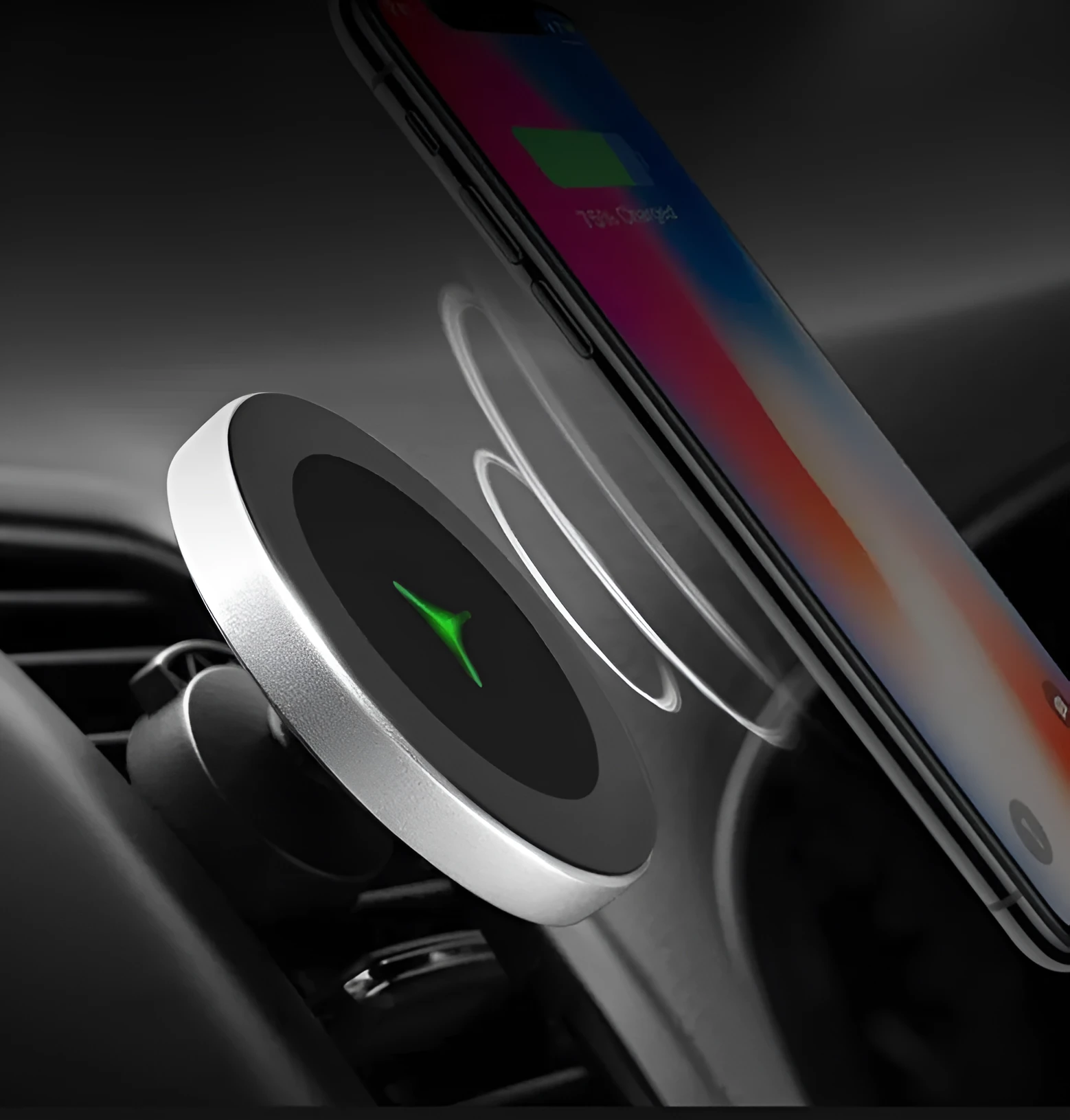 Car magnetic wireless charger Model W5 with clamping mechanism and USB interface for dashboard mounting