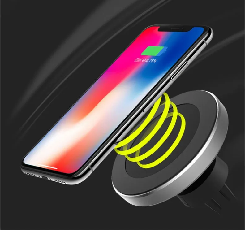 Car magnetic wireless charger Model W5 with clamping mechanism and USB interface for dashboard mounting