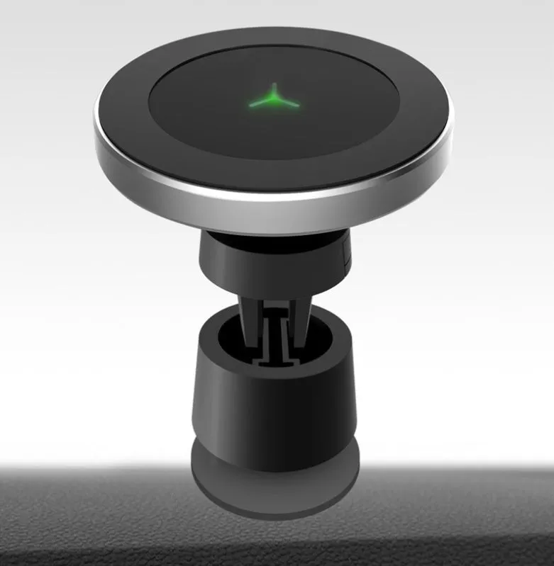 Car magnetic wireless charger Model W5 with clamping mechanism and USB interface for dashboard mounting