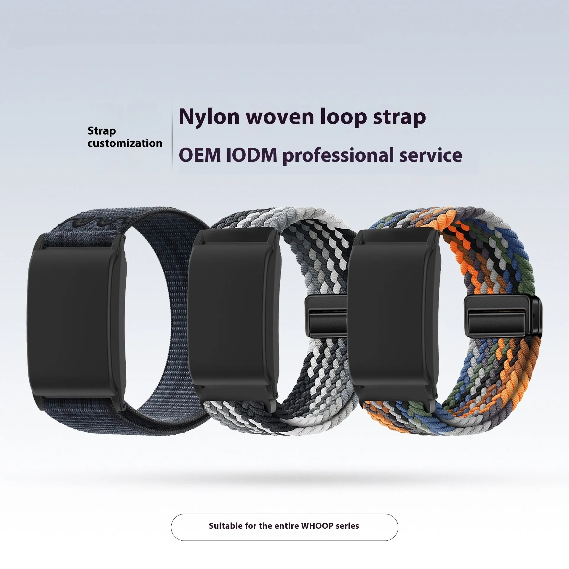 Nylon woven sports bracelet strap in obsidian black for Whoop 4.0 and 5.0, 22mm width with Velcro closure