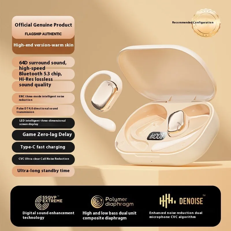 Ear-mounted wireless earpiece with digital display in black, white, and skin colour