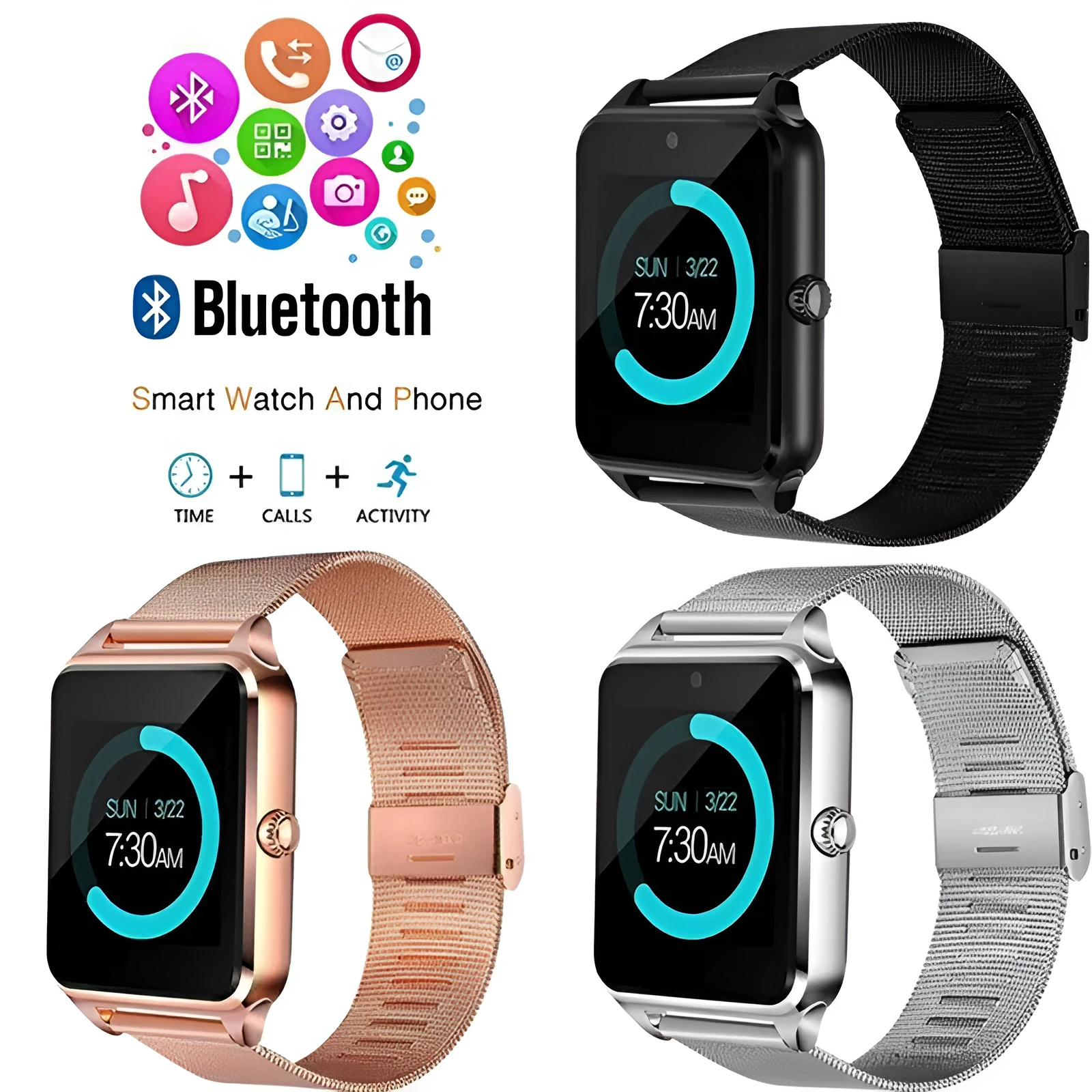 Z60 smart watch with Bluetooth connectivity and silicone strap in black