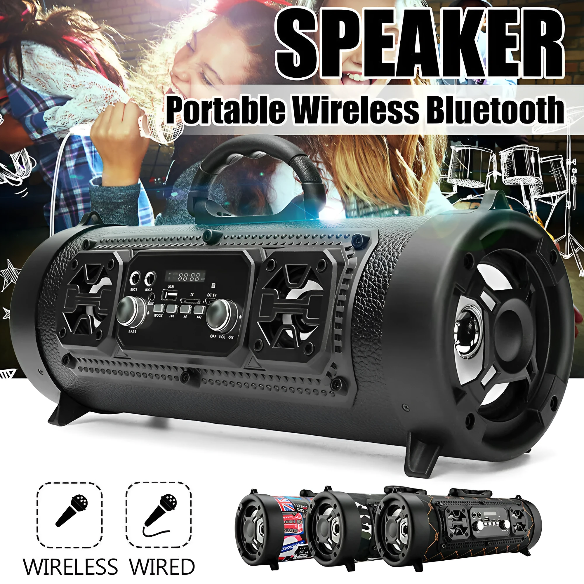 High-power portable wireless Bluetooth speaker with ABS casing, USB port, and controls; available in black.