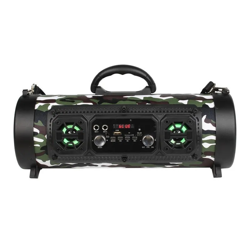 High-power portable wireless Bluetooth speaker with ABS casing, USB port, and controls; available in black.