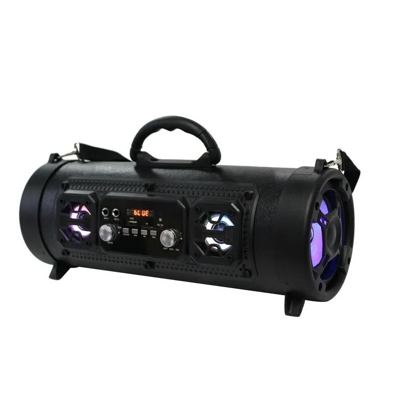 High-power portable wireless Bluetooth speaker with ABS casing, USB port, and controls; available in black.