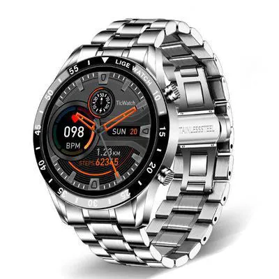 Smart watch with stainless steel wristband and 1.3 inch touch screen display in black or silver colour