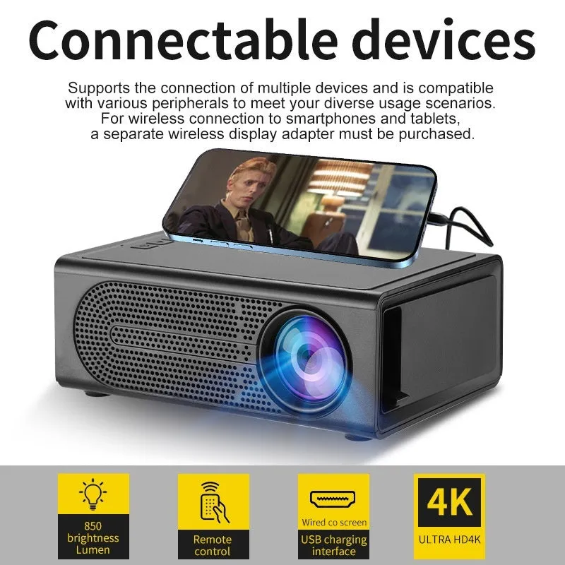 Portable mini projector in black with wired mobile phone screen mirroring and 20 lumens brightness