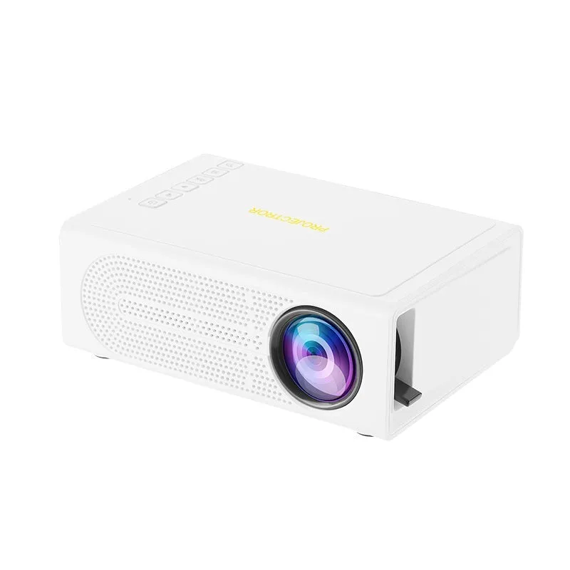 Portable mini projector in black with wired mobile phone screen mirroring and 20 lumens brightness