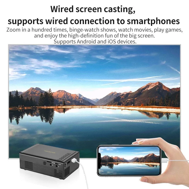 Portable mini projector in black with wired mobile phone screen mirroring and 20 lumens brightness