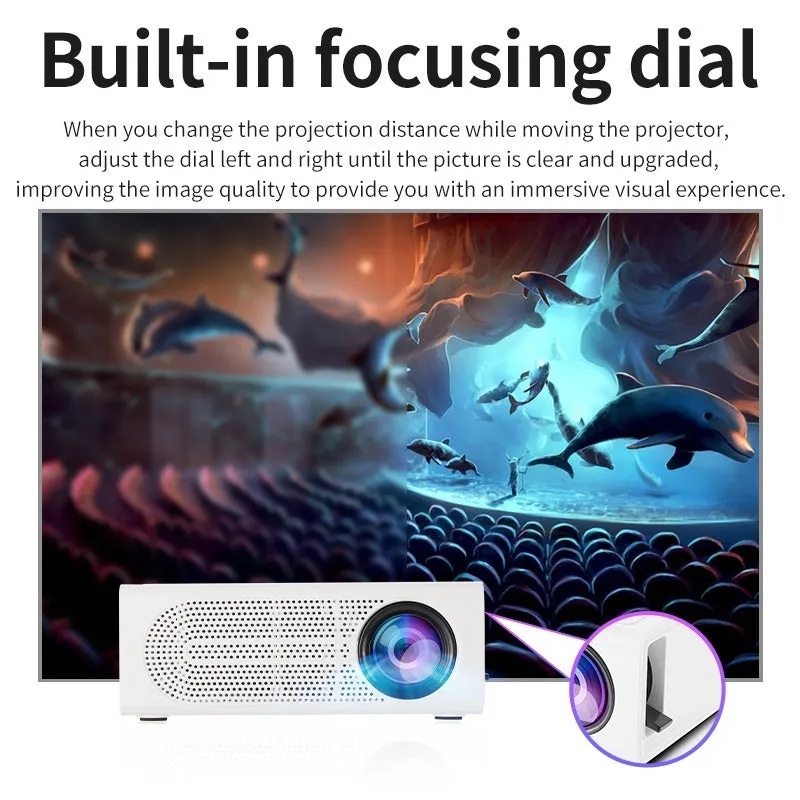 Portable mini projector in black with wired mobile phone screen mirroring and 20 lumens brightness