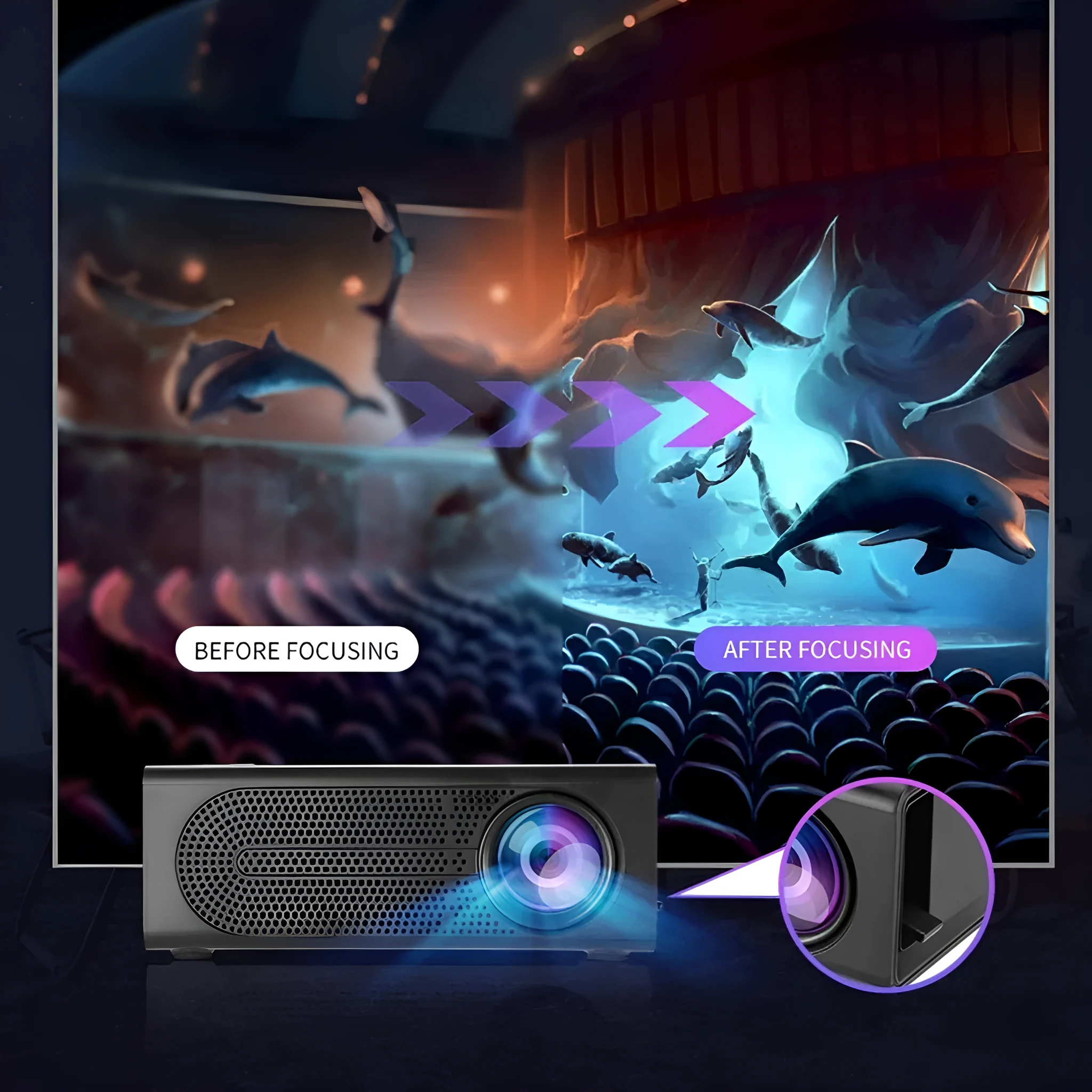 Portable mini projector in black with wired mobile phone screen mirroring and 20 lumens brightness
