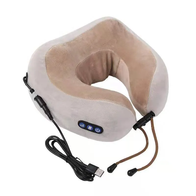 Brown U shaped electric neck massage pillow with kneading and hot compress function for cervical shoulder back relaxation