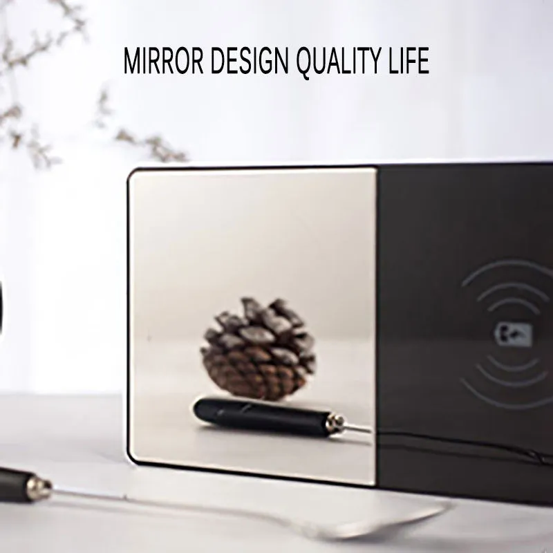 2-in-1 heated mug cup warmer and wireless charger on a desk with a coffee mug and smartphone