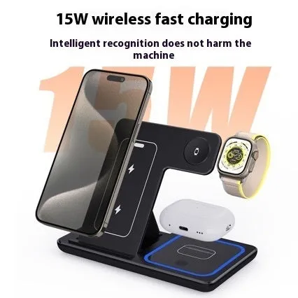 15W 3 in 1 LED fast wireless charger stand folding for iPhone, Apple Watch and AirPods