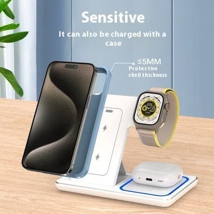 15W 3 in 1 LED fast wireless charger stand folding for iPhone, Apple Watch and AirPods