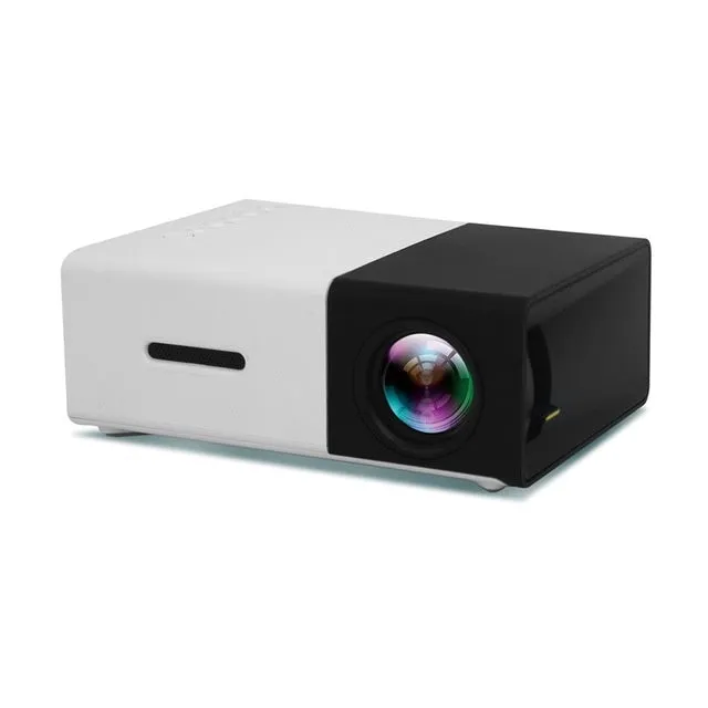 Yellow 1080p LED mini projector YG-300 with HDMI, USB, and TF card slots for portable home cinema