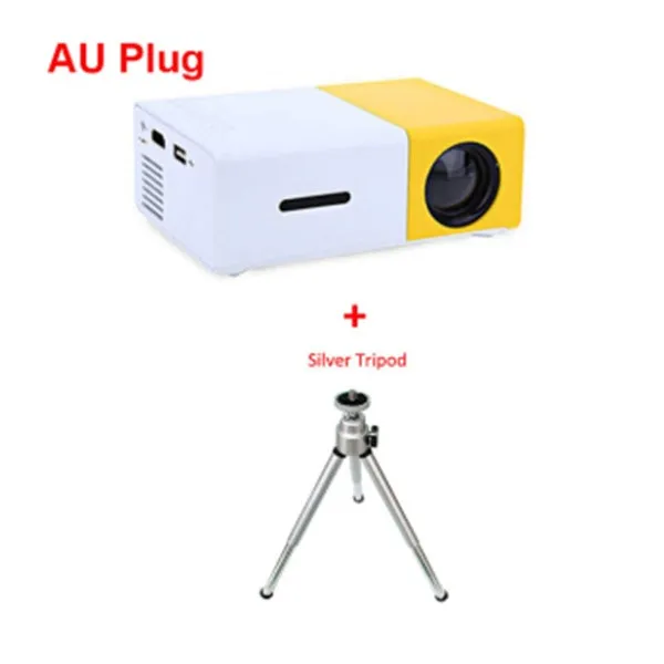 Yellow 1080p LED mini projector YG-300 with HDMI, USB, and TF card slots for portable home cinema