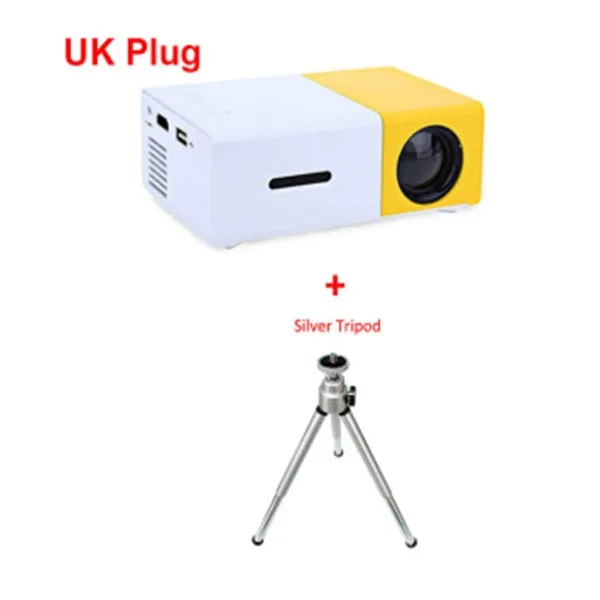 Yellow 1080p LED mini projector YG-300 with HDMI, USB, and TF card slots for portable home cinema