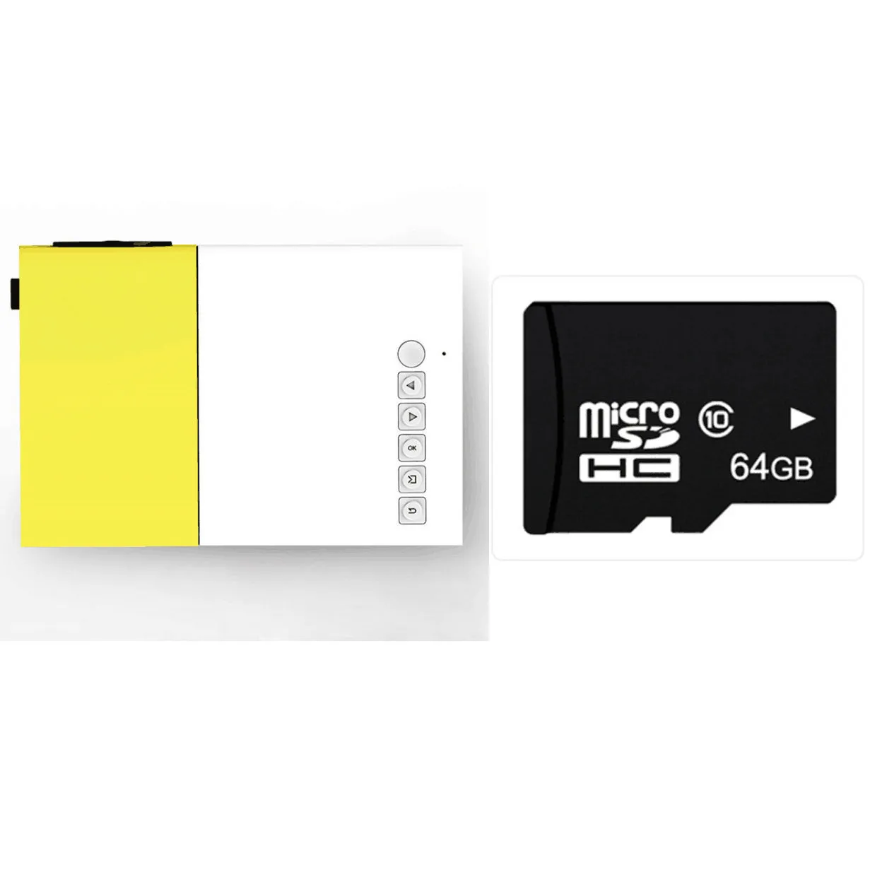 Yellow 1080p LED mini projector YG-300 with HDMI, USB, and TF card slots for portable home cinema