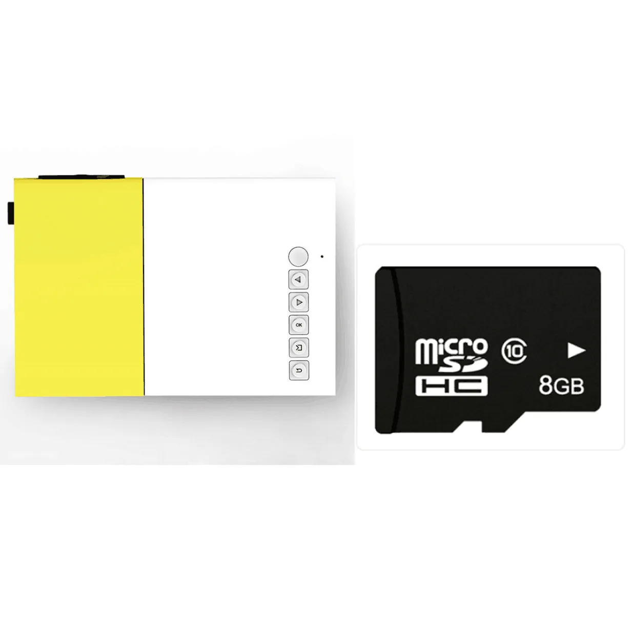 Yellow 1080p LED mini projector YG-300 with HDMI, USB, and TF card slots for portable home cinema