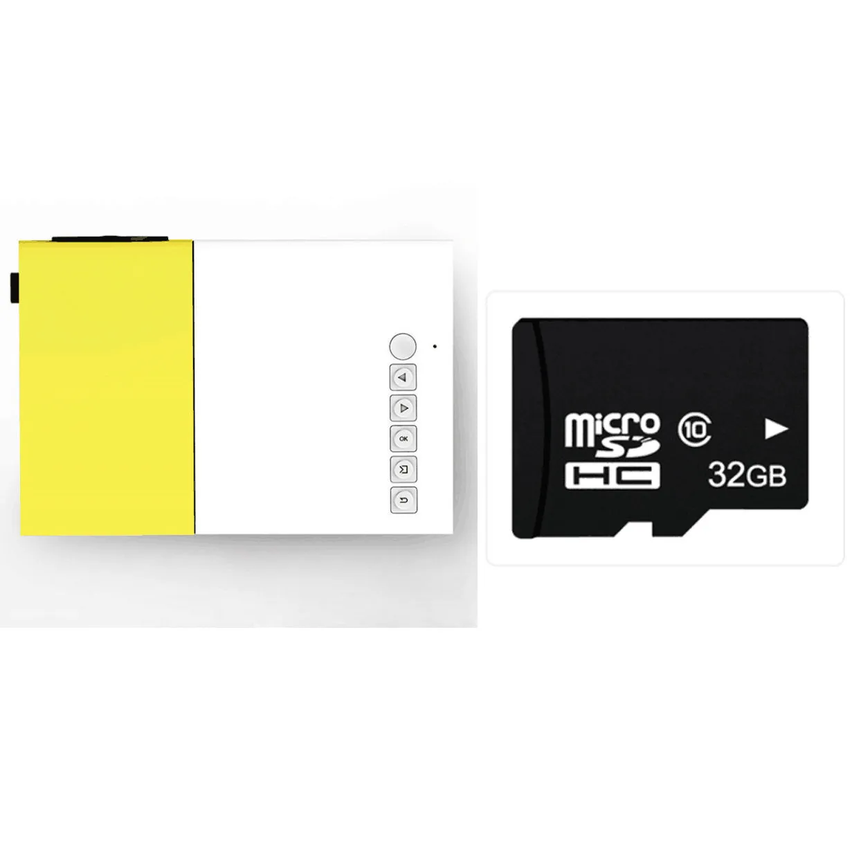 Yellow 1080p LED mini projector YG-300 with HDMI, USB, and TF card slots for portable home cinema