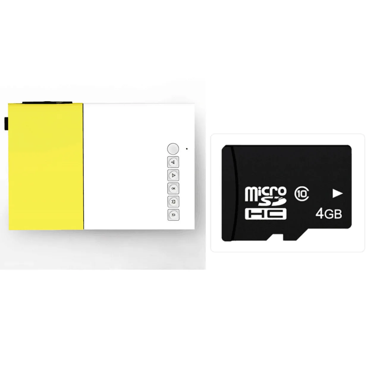Yellow 1080p LED mini projector YG-300 with HDMI, USB, and TF card slots for portable home cinema