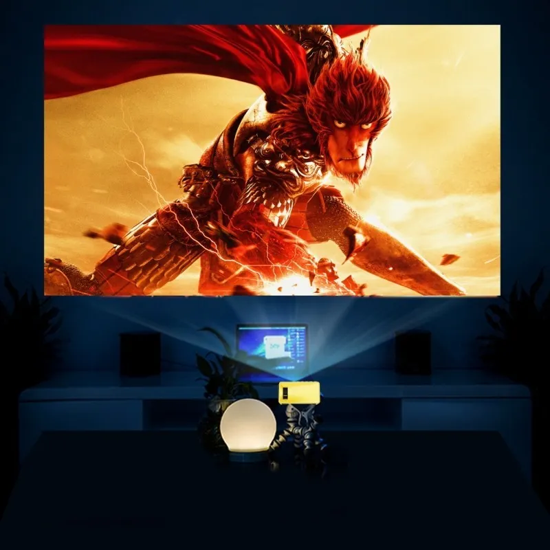 Yellow 1080p LED mini projector YG-300 with HDMI, USB, and TF card slots for portable home cinema