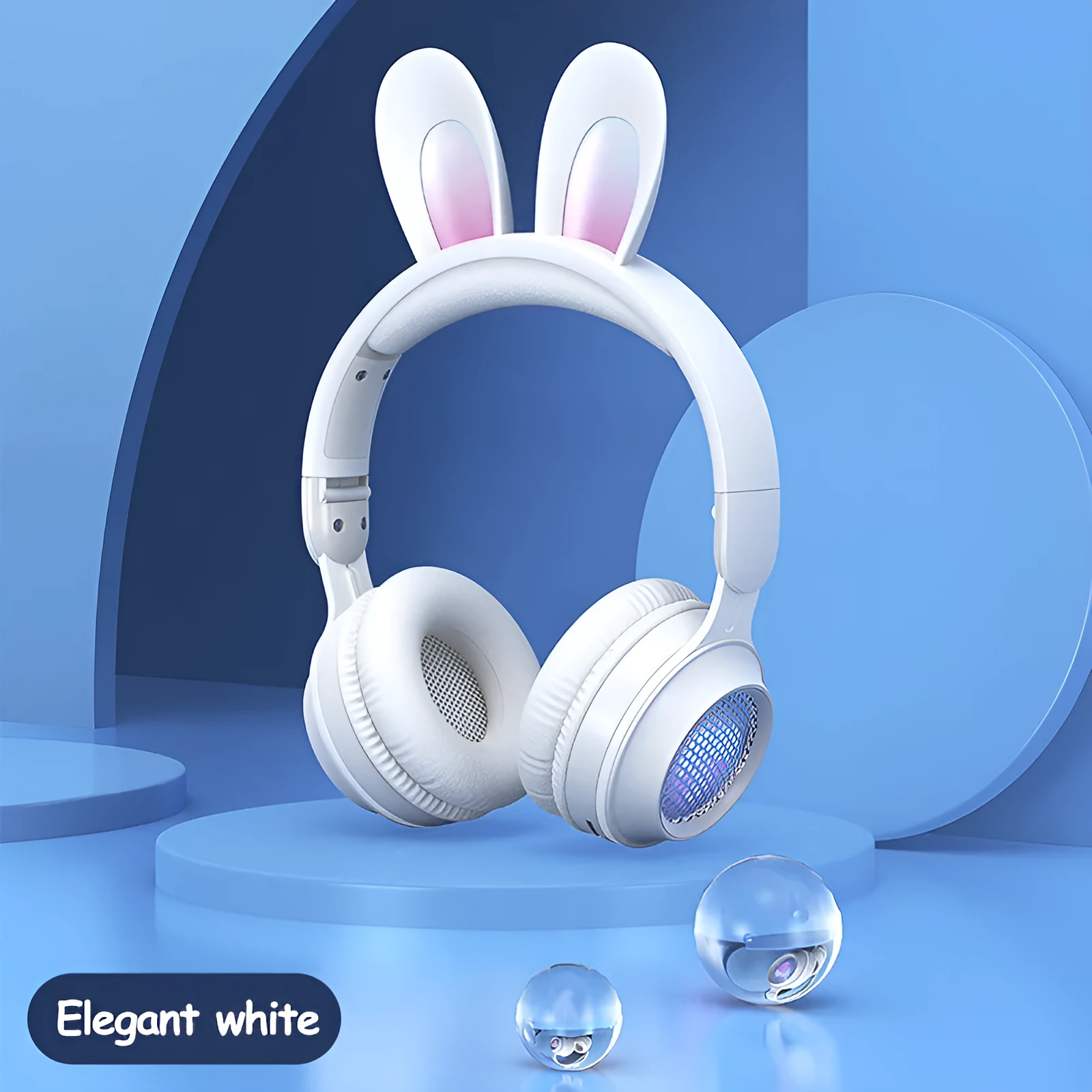 Wireless rabbit ear headphones with RGB LED ears in pink, foldable design on white background