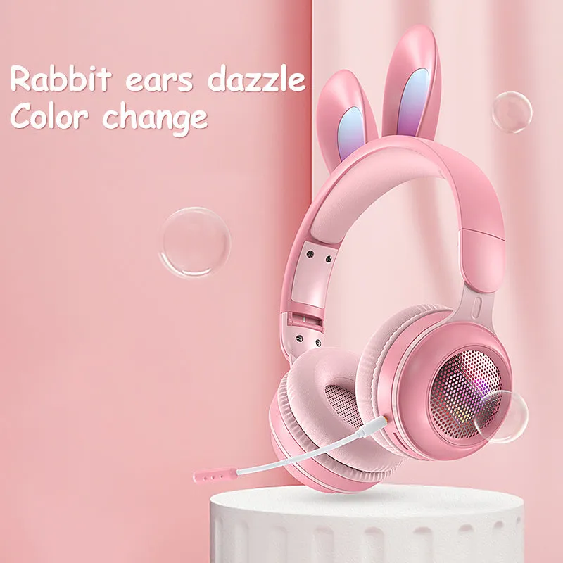 Wireless rabbit ear headphones with RGB LED ears in pink, foldable design on white background