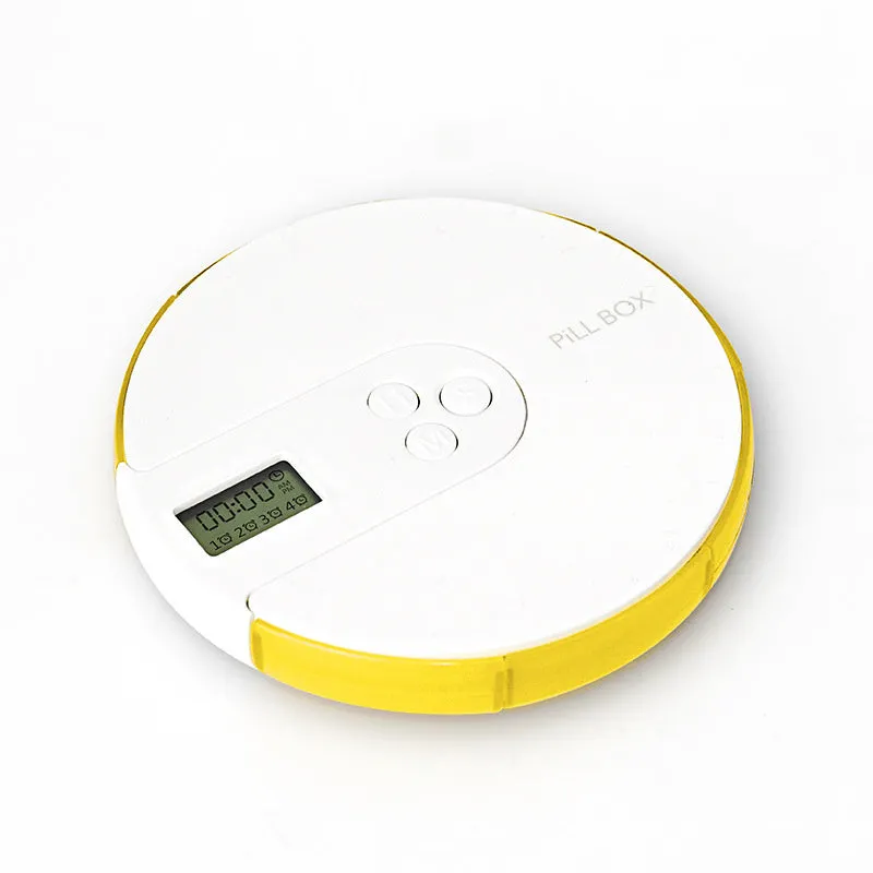 Compact 7-compartment alarm clock pill dispenser with digital timer display in multiple colours.