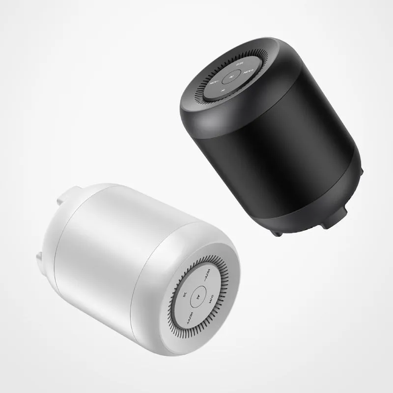 Black or white Bluetooth speaker with buttons, USB port, and AI voice control feature on Smart and Upgrade models.