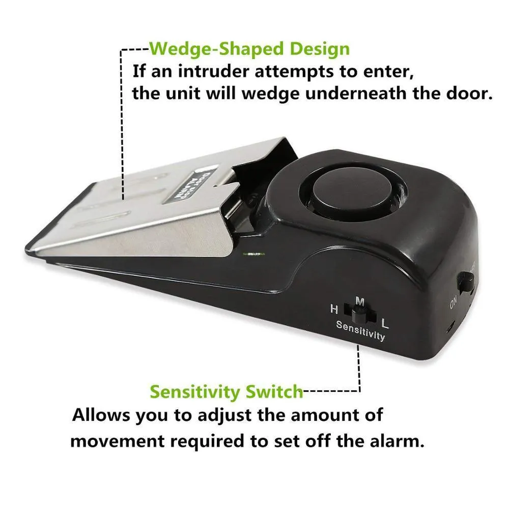Electronic burglar alarm wedge door stop with ABS housing and 150dB siren on white background