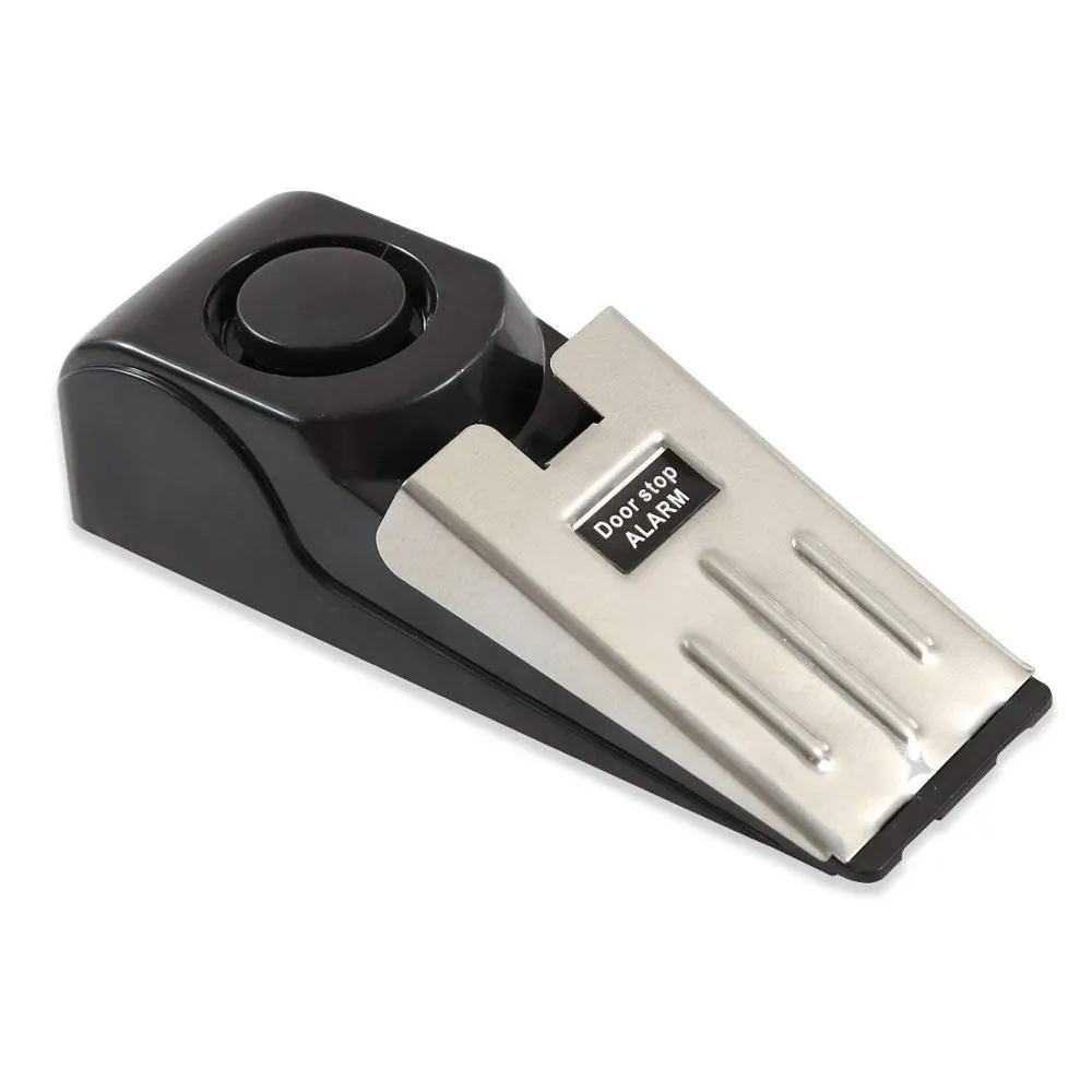 Electronic burglar alarm wedge door stop with ABS housing and 150dB siren on white background