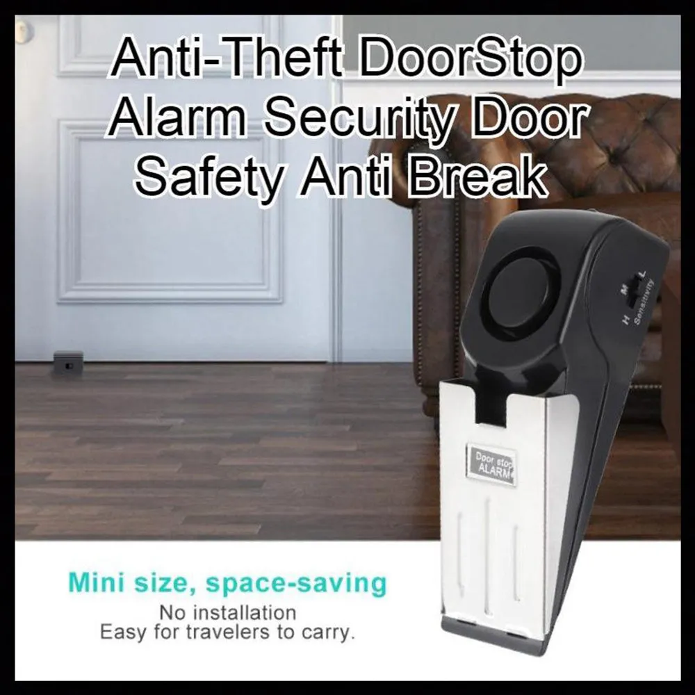 Electronic burglar alarm wedge door stop with ABS housing and 150dB siren on white background