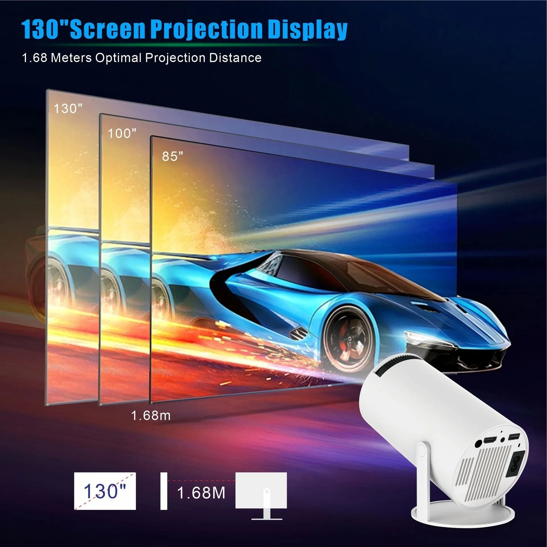 HY300 Pro Android portable projector with 170mm diameter compact design for home entertainment