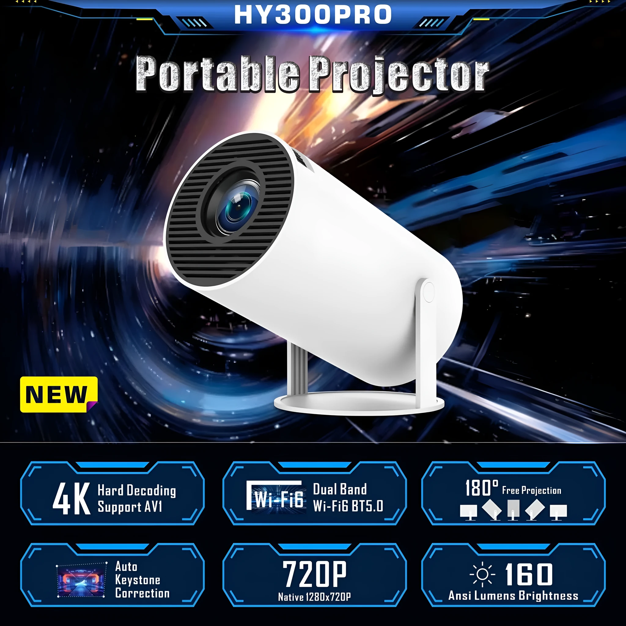 HY300 Pro Android portable projector with 170mm diameter compact design for home entertainment