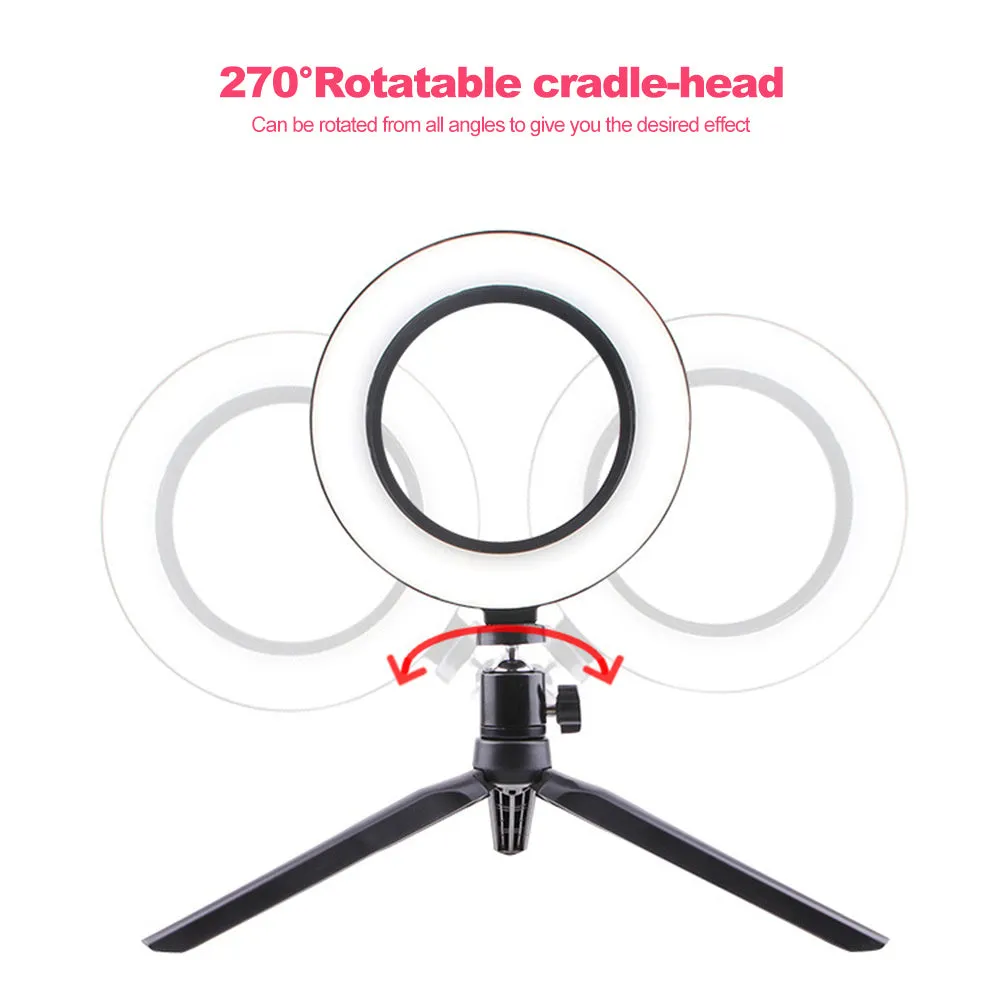 26cm LED ring light on tripod stand with phone clip and Bluetooth remote for smartphone desktop use