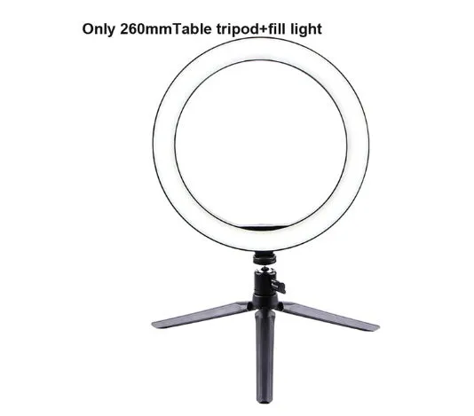26cm LED ring light on tripod stand with phone clip and Bluetooth remote for smartphone desktop use