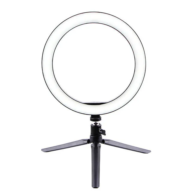 26cm LED ring light on tripod stand with phone clip and Bluetooth remote for smartphone desktop use