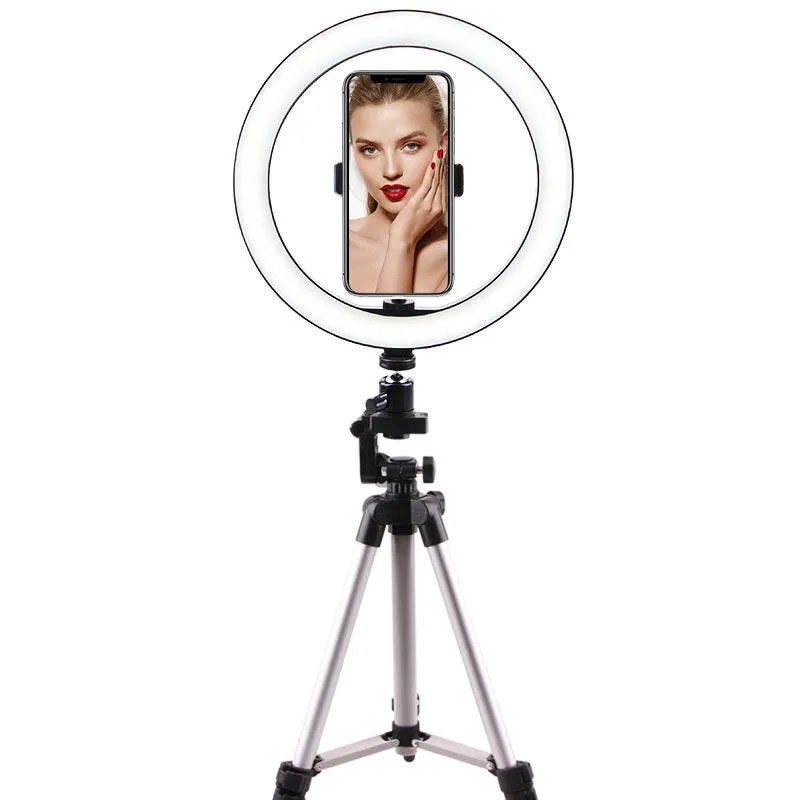 26cm LED ring light on tripod stand with phone clip and Bluetooth remote for smartphone desktop use