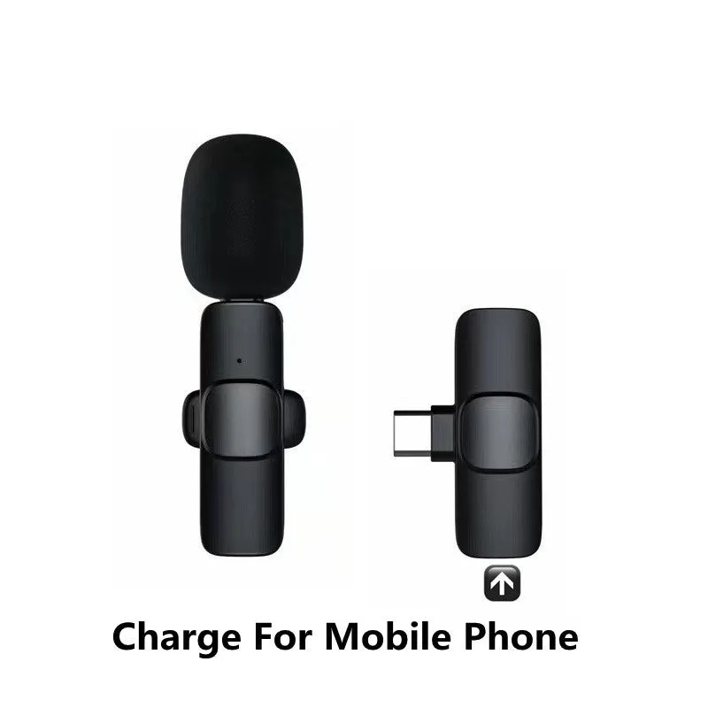 Wireless lavalier microphone with receiver, USB cable, and manual on white background