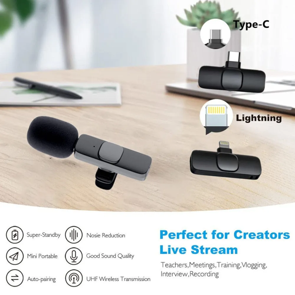 Wireless lavalier microphone with receiver, USB cable, and manual on white background