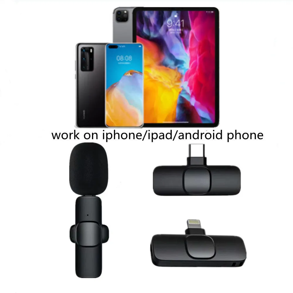 Wireless lavalier microphone with receiver, USB cable, and manual on white background