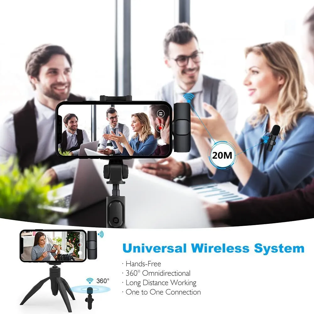 Wireless lavalier microphone with receiver, USB cable, and manual on white background