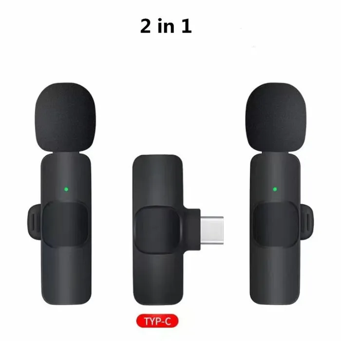 Wireless lavalier microphone with receiver, USB cable, and manual on white background