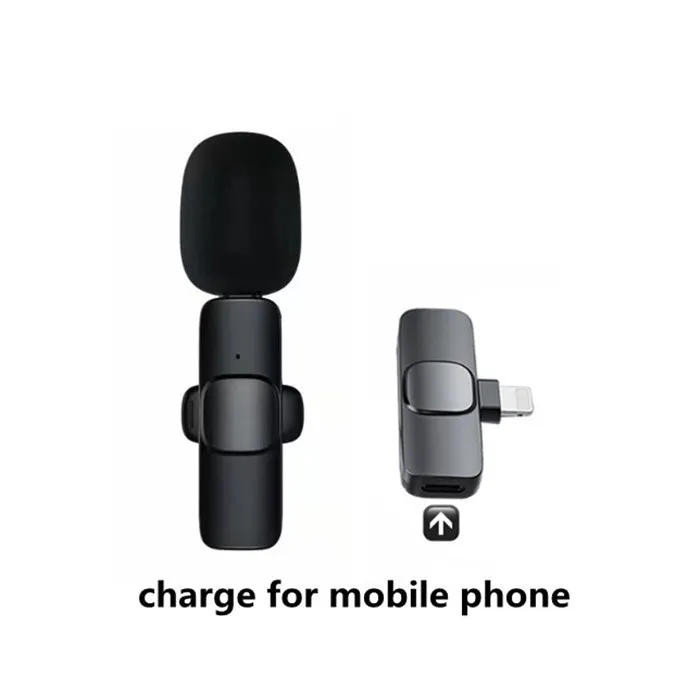 Wireless lavalier microphone with receiver, USB cable, and manual on white background