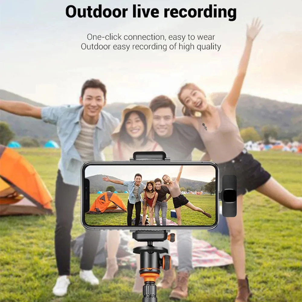 Wireless lavalier microphone with receiver, USB cable, and manual on white background