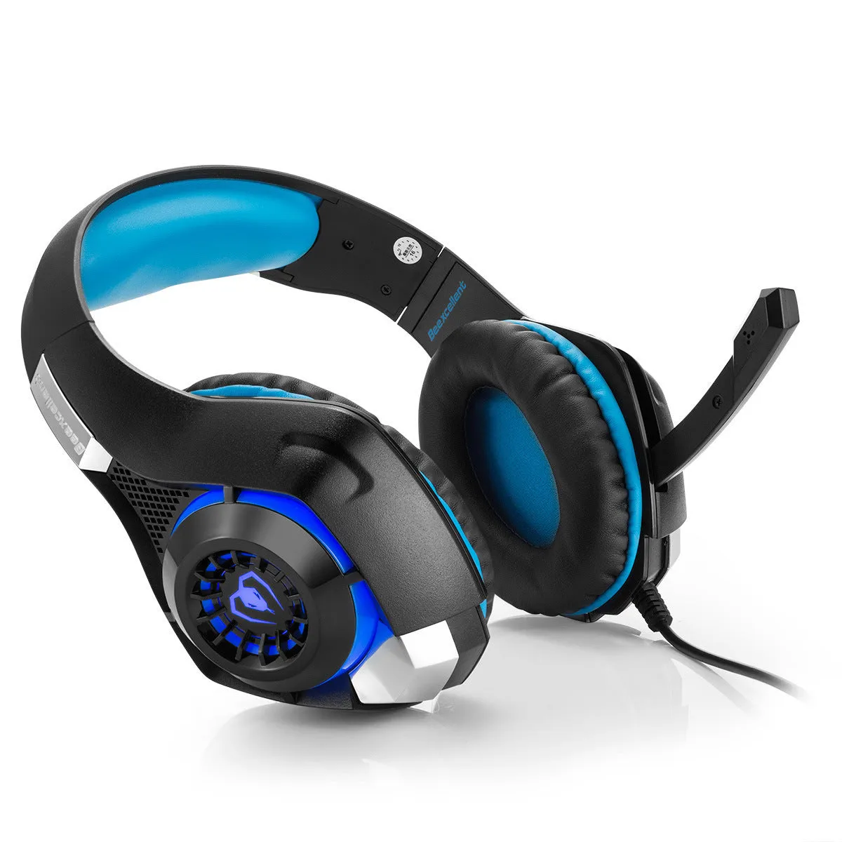 Beexcellent GM-1 gaming headset with blue LED lights, padded ear cups, and braided cord on a desk