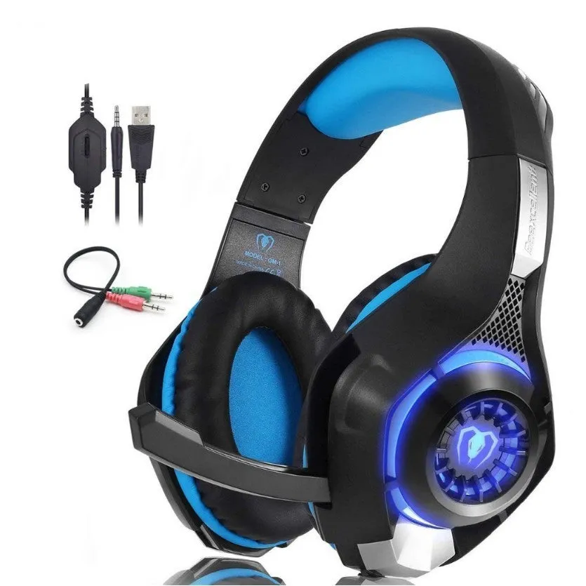 Beexcellent GM-1 gaming headset with blue LED lights, padded ear cups, and braided cord on a desk